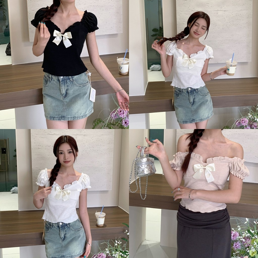 Bonnie เสื้อสีชมพู แขนสั้น แขนพัฟ แต่งโบว์ เสื้อยืดผู้หญิง สไตล์เกาหลี เข้ารูป สไตล์ใหม่ ทรงเกาะอก ส่งไวจากไทย#E342
