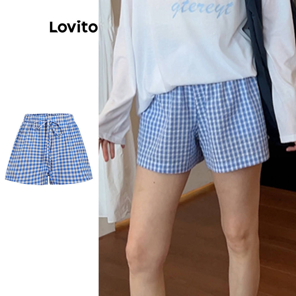 Lovito ลายสก๊อตสบาย ๆ โบว์ลูกไม้ขึ้นเรขาคณิตสั้นสำหรับผู้หญิง L104ED032