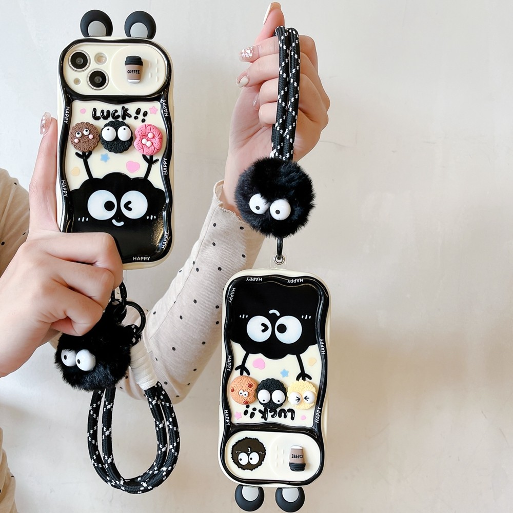 ลูกบอลถ่านหิน 3D เหมาะสําหรับเคสโทรศัพท์ Apple 16Pro Apple IPhone 15 ตุ๊กตาเชือกแขวน 13 Push ดึงเลนส์ 14 Apple 12