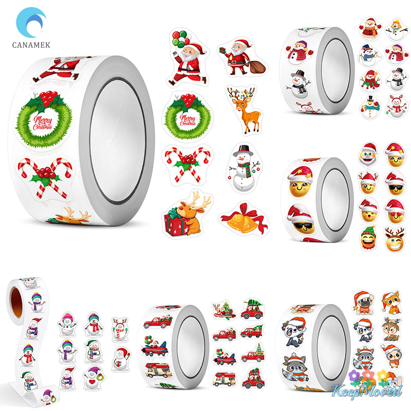 Keepmoved 500 ชิ้น Merry Christmas สติกเกอร์ธีมคริสต์มาสป้ายซีลสติกเกอร์สําหรับ DIY ของขวัญเบเกอรี่แพคเกจซองจดหมายเครื่องเขียนตกแต่งใหม่