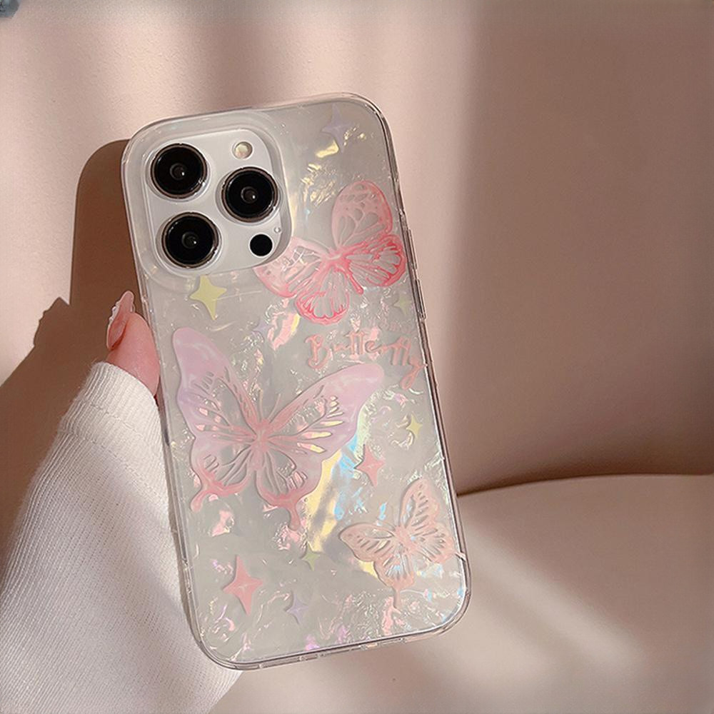 GOOD จากประเทศไทย เคส ไอโฟน ขนนกสีเงิน อ่อนนุ่ม TPU สำหรับ iPhone 11 15 12 14 13 Pro Max 14/15PLUS สีชมพู ผีเสื้อ – โปรปัง