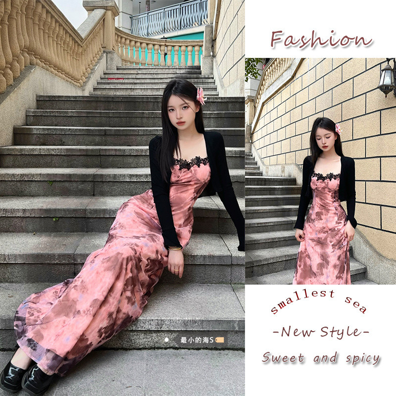 ชุดเดรส, ลูกไม้ Splice Tie Halter ผู้หญิงฤดูร้อนบาง Cardigan กระโปรงยาว