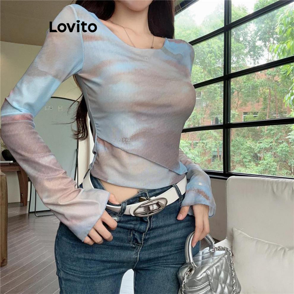 Lovito เสื้อยืดผู้หญิง สีมัดย้อม สไตล์ลำลอง LNE70241
