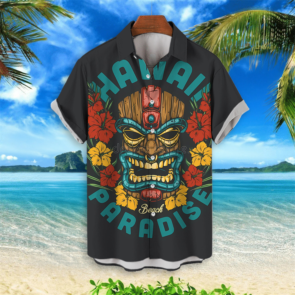 2024 ใหม่ Retro ชายเสื้อ 3d Tiki พิมพ์เสื้อฮาวายสําหรับชายหลวมสบายๆชายเสื้อผ้าแนวโน้มแฟชั่น Man เสื้อแขนสั้น