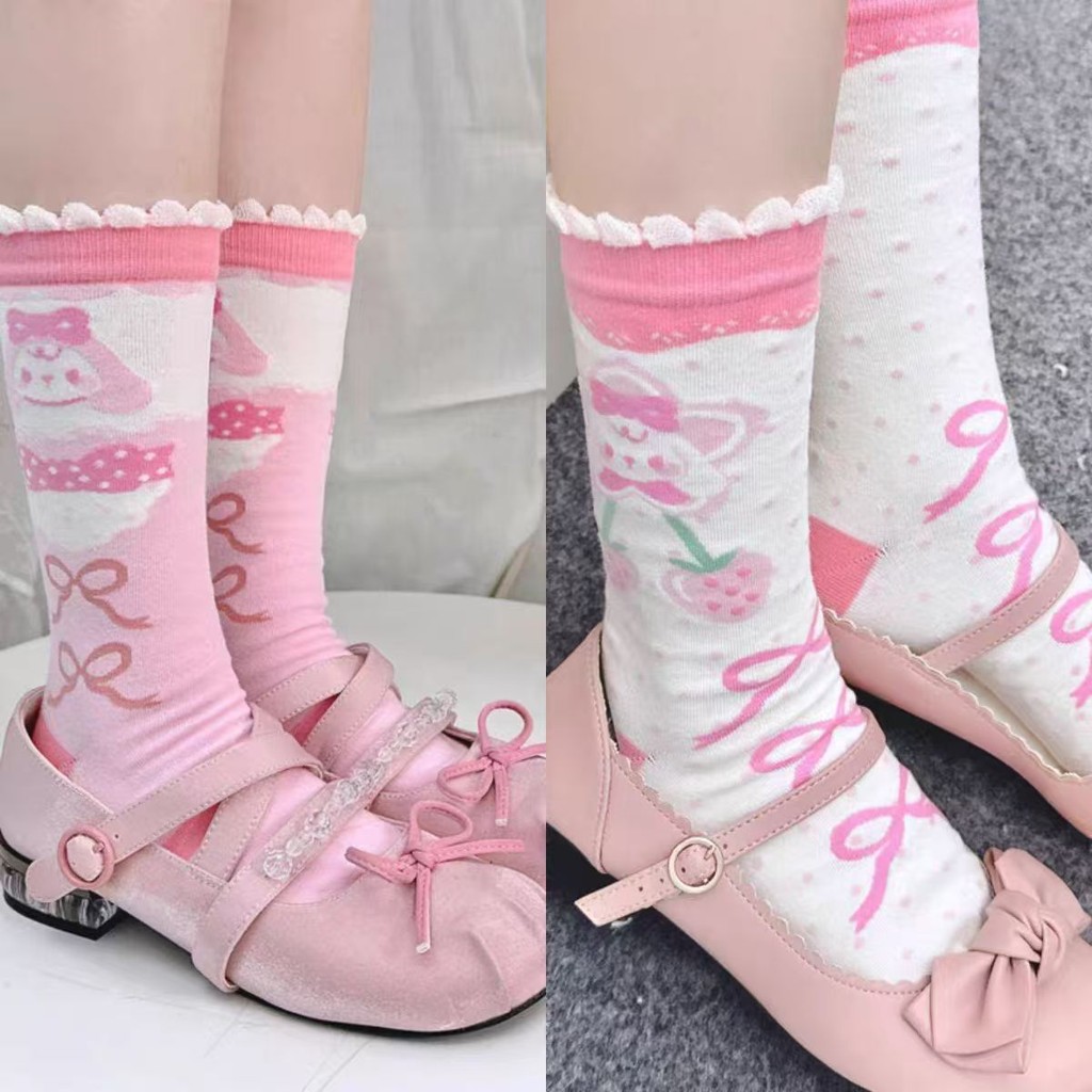 หวานโลลิต้าบัลเล่ต์สไตล์บางเฉียบถุงเท้าระบายอากาศเชอร์รี่สาว เจเค สไตล์เจ้าหญิงน่ารักลูกไม้โบว์กองถุงเท้า