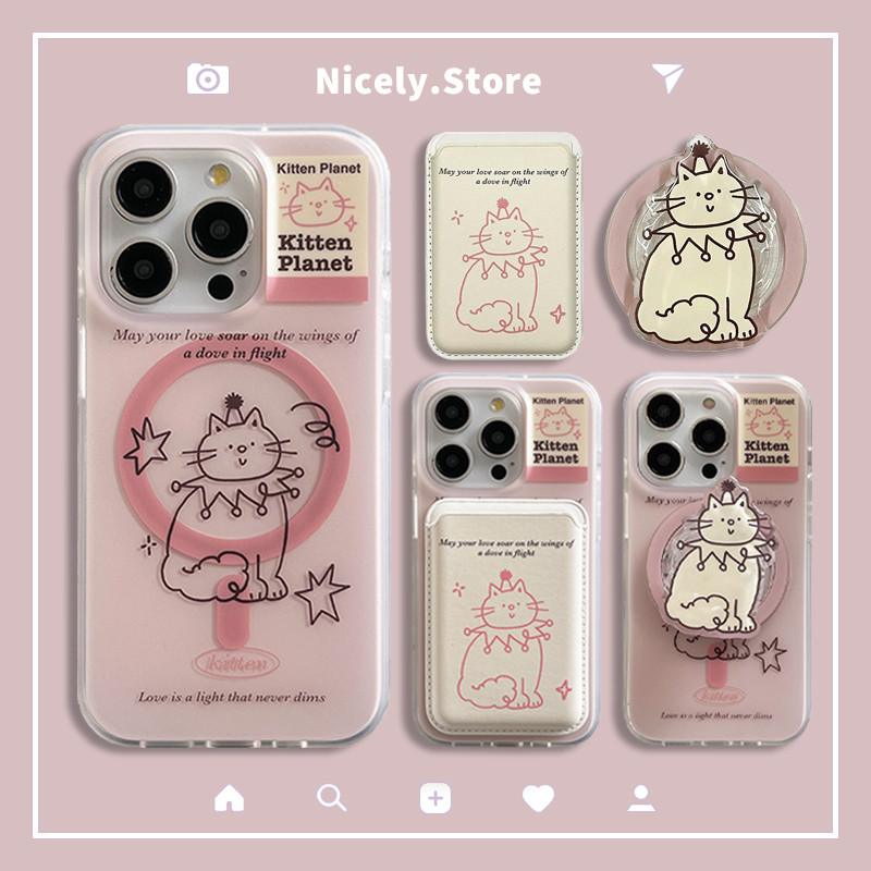 สายน่ารัก Cat Star Card Holder Magnetic Kickstand เคสโทรศัพท์สําหรับ iPhone 16 15 14 13 12 Pro Max 15Pro 16Promax Anti-scratch IMD ปกหลัง Shell