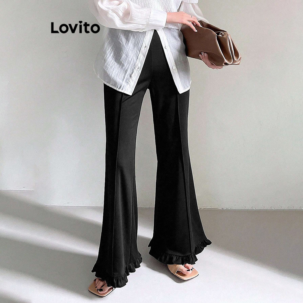 Lovito กางเกงเล็มผักกาดหอมธรรมดาสำหรับผู้หญิง L106AD190
