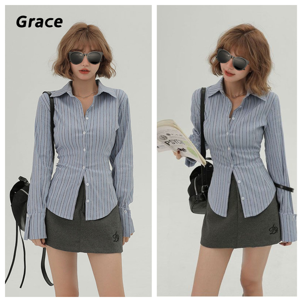 [Grace] (ในสต็อก)🔥 เสื้อแขนยาวสไตล์ใหม่ลายเพรียวบางปิดเอวด้านบนออกเดทงานเลี้ยงอาหารค่ำที่ต้องการ..GR531#