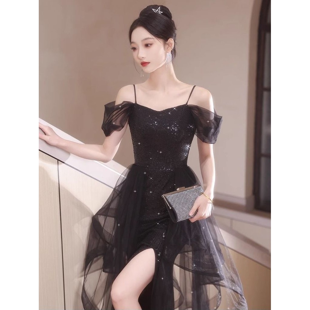 ชุดราตรีสีดํา High-End วันเกิดจัดเลี้ยงอารมณ์นักเรียน Art Exam Performance ของขวัญผู้ใหญ่ Niche Bright ประกายชุด lf10.14 - รูปที่ 5