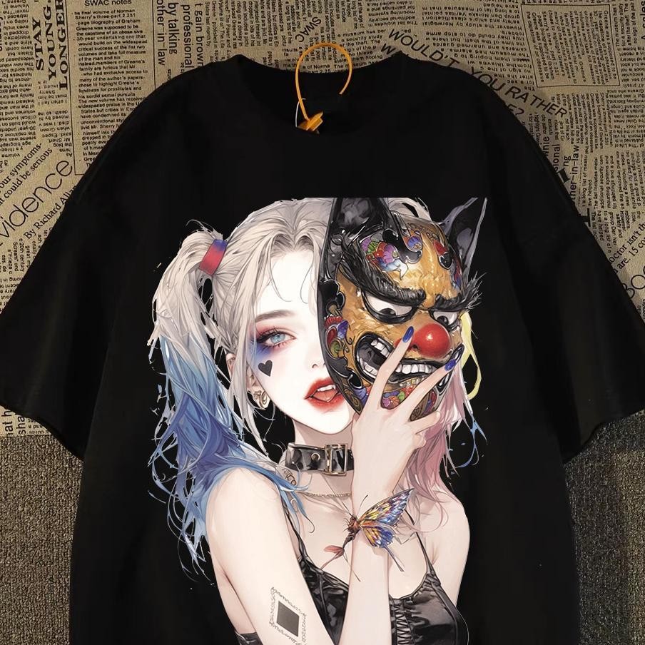 TOP ฮาร์เลย์ ควินน์ วินเทจ สไตล์สตรีท เสื้อยืดคอกลม "Harley Quinn" ผ้าคุณภาพสูง เสื้อแซ่บๆ เสื้อสาวอวบ ไม่ต้องรีด