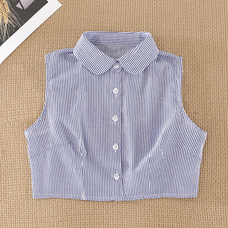 เสื้อสเวตเตอร์สีน้ำเงินแมทช์ง่ายคอปกปลอมตกแต่งฤดูใบไม้ร่วงและฤดูหนาวลายทางแฟชั่นปกปลอมกับเสื้อเชิ้ตผ