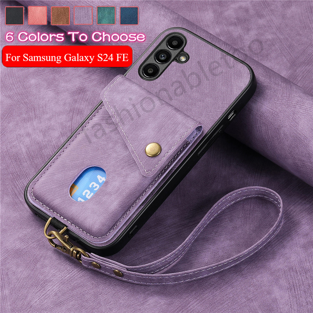 Matte หนังเคสโทรศัพท์สําหรับ Samsung Galaxy S22 S23 S24 FE plus Ultra S24FE S24 + S23FE SamsungS24FE ช่องใส่การ์ดกระเป๋าสตางค์วงเล็บแม่เหล็กปลอกมือเชือกเส้นเล็กกันกระแทกปกหลัง