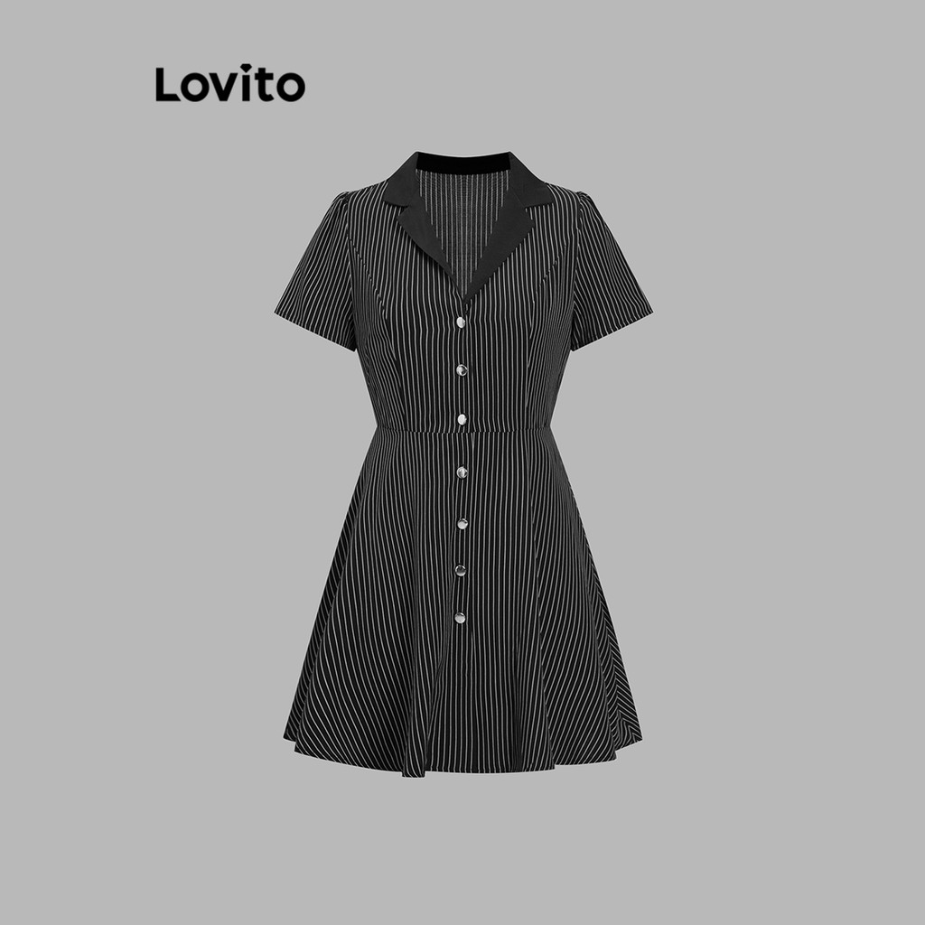 Lovito ชุดเดรสคอปกสีตัดกันปุ่มลายทางลำลองสำหรับผู้หญิง L102AD340