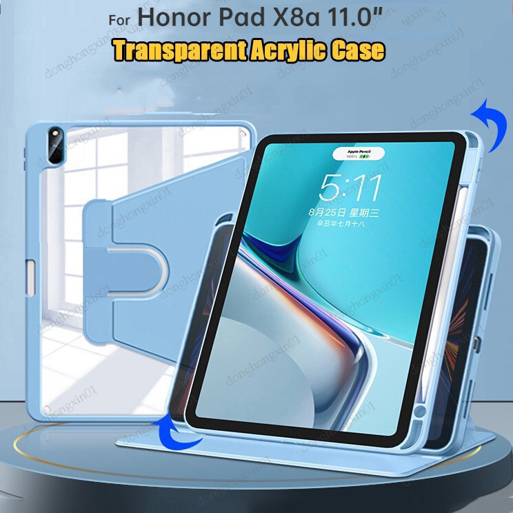 สําหรับ Honor Pad X8a 11 นิ้วกรณี 2024 NDL-W09 360 หมุนได้อะคริลิคโปร่งใสสมาร์ท PU หนังกรณีทําจากฝาครอบอะคริลิค
