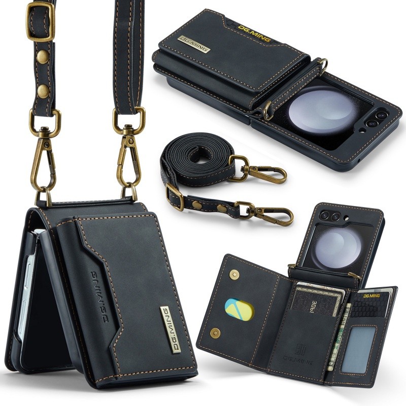 DG.MING ช่องใส่การ์ดแม่เหล็กกระเป๋าสตางค์สําหรับ Samsung Z Flip6 Flip 6 5 4 3 Crossbody Lanyard ฝาครอบหนัง PU ปลอกกันกระแทก