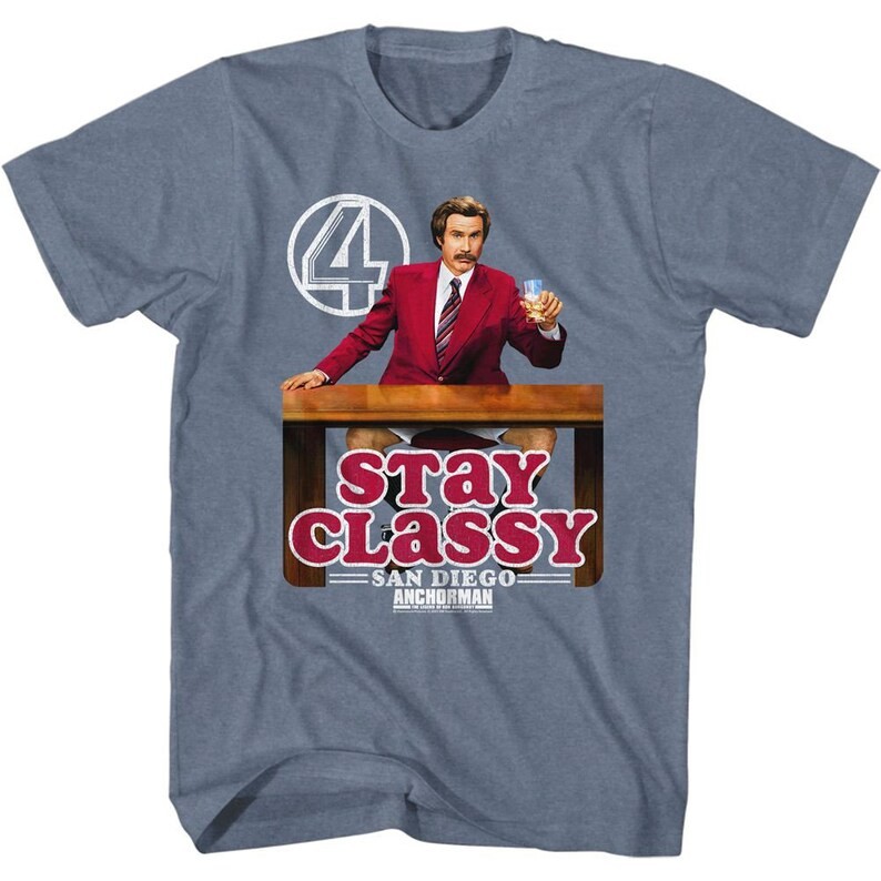 Anchorman Stay Classy Logo Indigo Heather Adult T-Shirt หลวม หนาๆ คอกลม