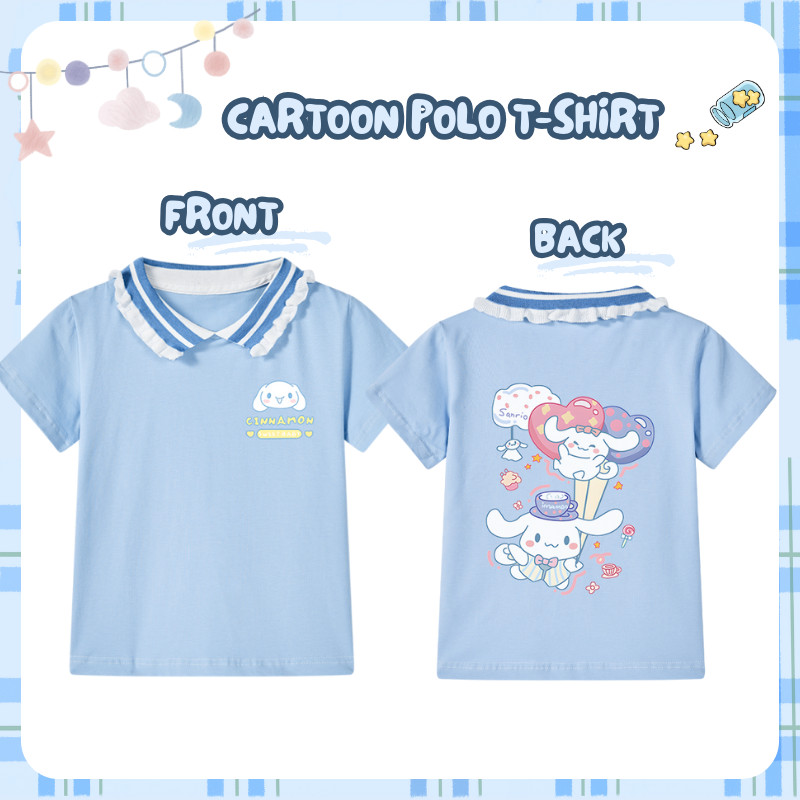Sanrio Series เสื้อโปโลเด็ก Cinnamoroll น่ารักด้านหน้าด้านหลังพิมพ์เสื้อผ้าฝ้ายเด็กผู้หญิง