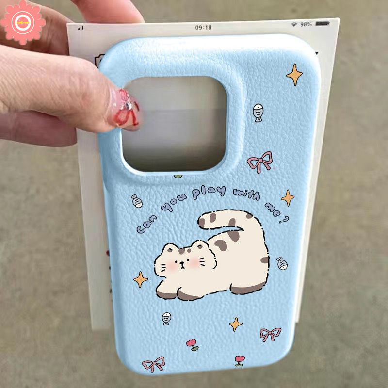 Art Graffiti น่ารัก Macaron สีการ์ตูนแมว Bow Knot สําหรับ IPhone 16 11 14 15 13 12 Pro Max 16Plus 14 15 16 Plus หรูหราผิวรู้สึกหนังเนื้อนุ่มกรณี