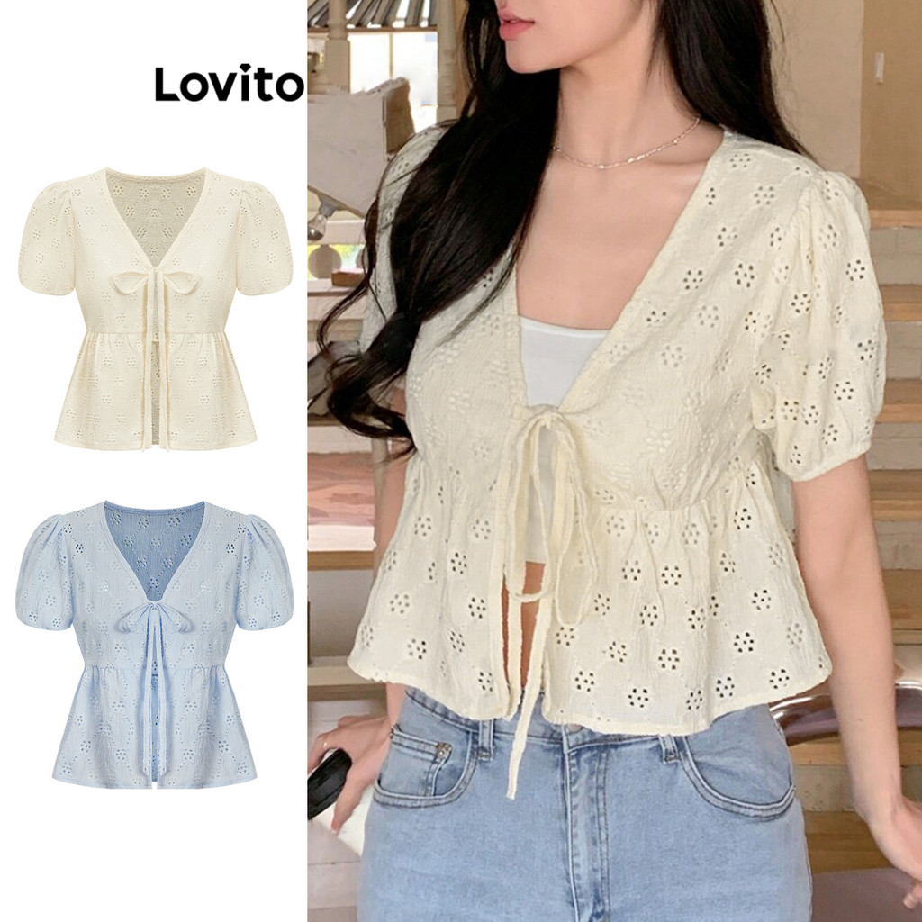 เสื้อเบลาส์น่ารักสไตล์โบโฮสำหรับผู้หญิงจาก Lovito ทรงเรียบ มีระบายชายกระโปรง ผูกเชือก และติดโบว์ รุ่