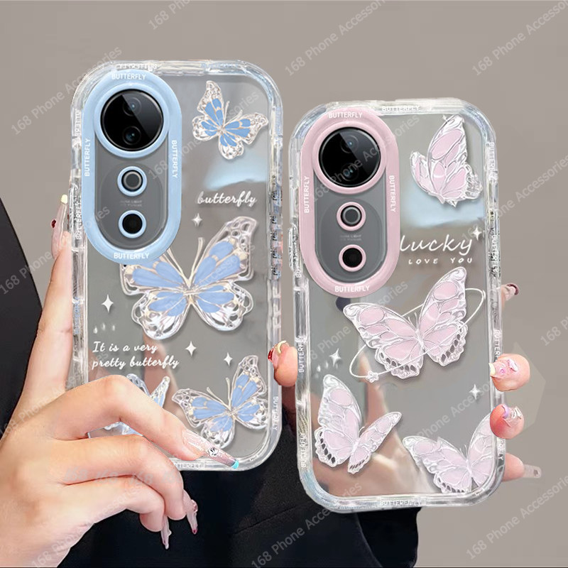 เคส Vivo V40 5G เคส Vivo V40 Pro เคสน่ารักผีเสื้อใสโปร่งใสเยลลี่กระจกกันกระแทกโทรศัพท์สายคล้องโทรศัพท์ป้องกันกล้องปกนุ่มหนา TPU