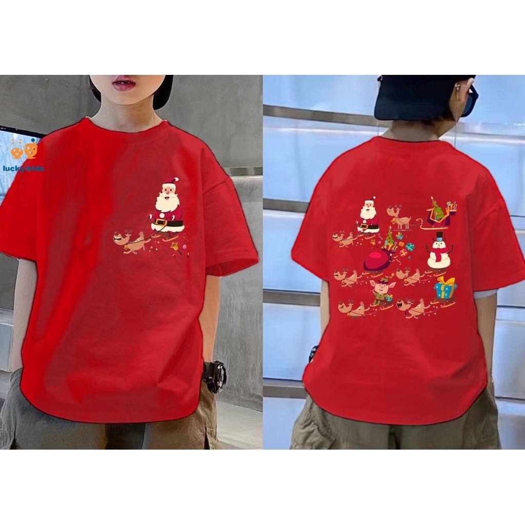 (Merry Christmas) เสื้อยืดเด็กผ้าฝ้ายคริสต์มาสเสื้อยืดคริสต์มาสเลื่อนซานต้าด้วยลวดลายทั้งสองด้าน LUCKY KIDS