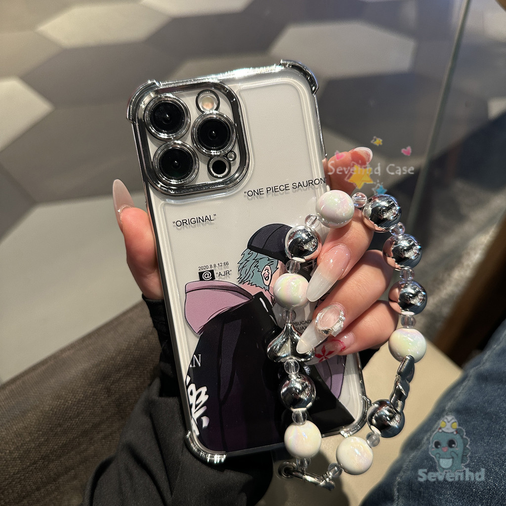 ปลอกสําหรับ iPhone 11 13 14 15 12 Pro Xs Max 7 8 Plus อะนิเมะ One Piece Zoro หรูหราชุบ Anti-Drop เคสโทรศัพท์ + โซ่สี่มุมเลนส์อุปกรณ์เสริมกันฝุ่นโปร่งใสปกหลัง