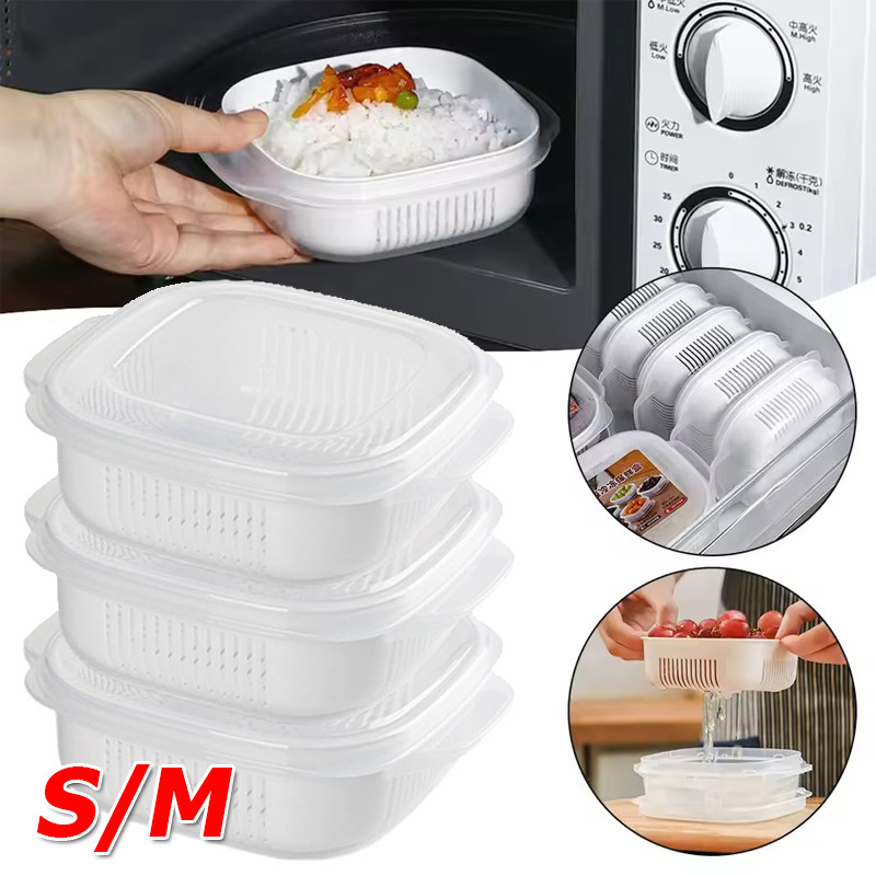 S/M Double Layer Rice Sub-Packaging Box/ไมโครเวฟความร้อนได้กล่องอาหารกลางวัน/ผักผลไม้Drainer Case