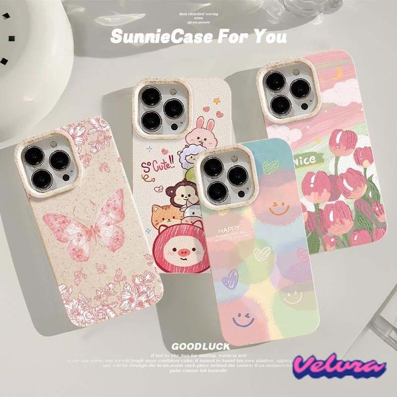 กระต่ายดอกไม้น่ารักผีเสื้อยิ้มการ์ตูนดูเดิล เคส For iPhone 16Pro Max 16Plus 13 15 12 11 14 Pro Max XR XS Max แฟชั่น เคส