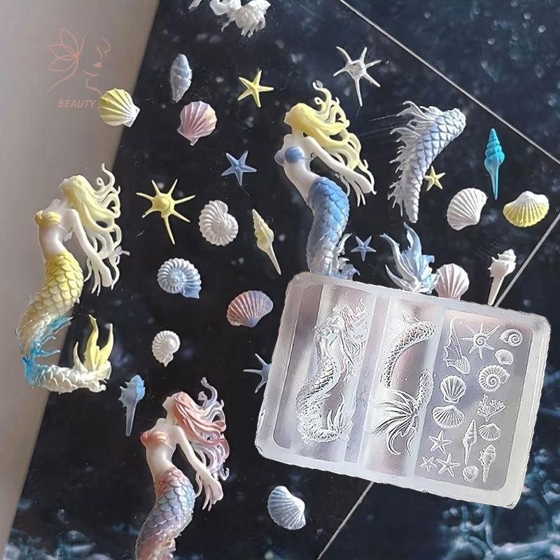 [maybeauty] Ocean Series 3D ซิลิโคนเล็บแม่พิมพ์ Mermaid ปลาดาวเล็บแกะสลักศิลปะแม่แบบเล็บออกแบบเครื่องมือ DIY ตกแต่งเล็บ {TH}