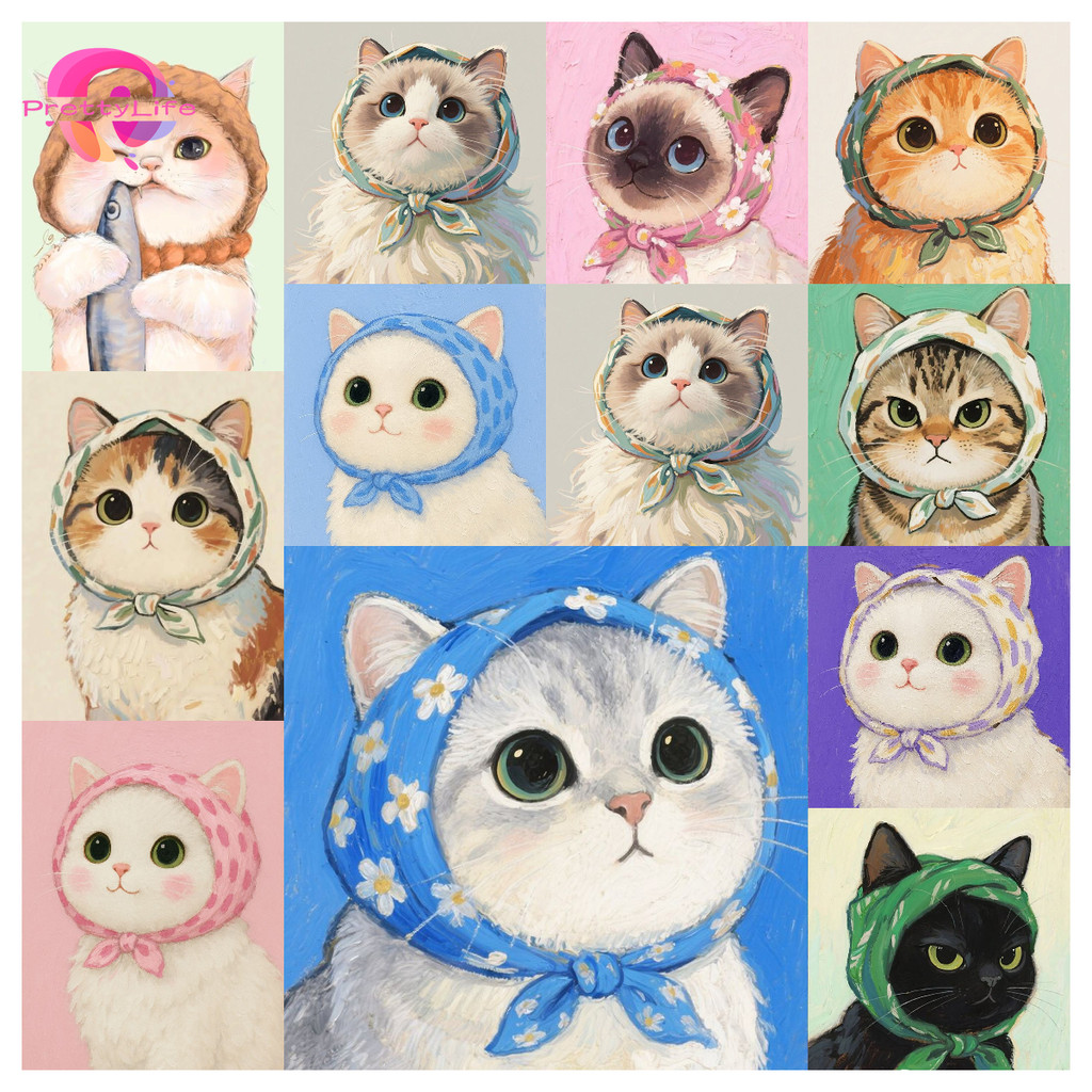 PLลูกแมวน่ารัก Cat Digital Oil Paint By Numbers ภาพวาดเพชร, คริสตัล cross stitch Handmade DIY healing Number Painting Home Decor Wall Painting