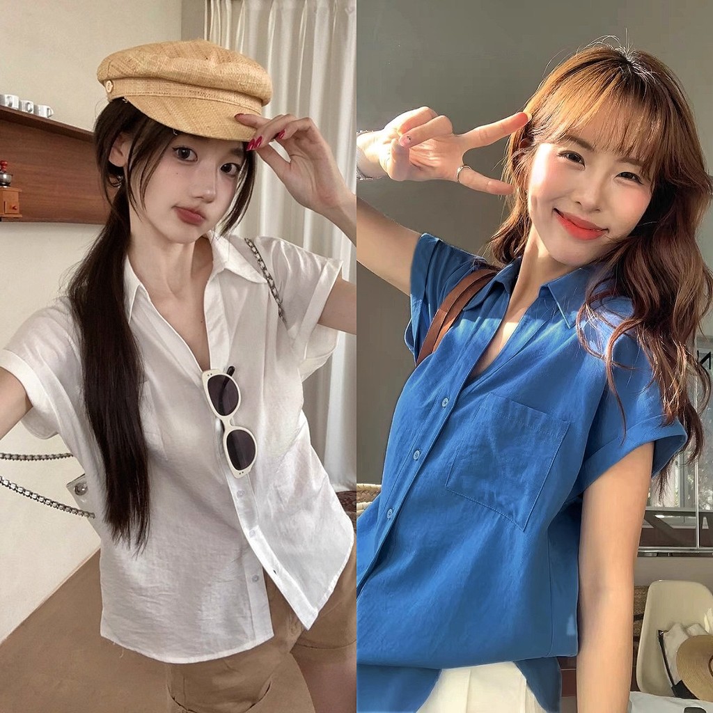 เสื้อเชิ้ตแขนสั้น ผ้าคอตตอน มีกระเป๋าหน้า 1 ข้าง ใช้งานได้จริง รุ่นติดกระดุม แนวเรียบง่าย ชิคๆ ผ้าใส่สบาย