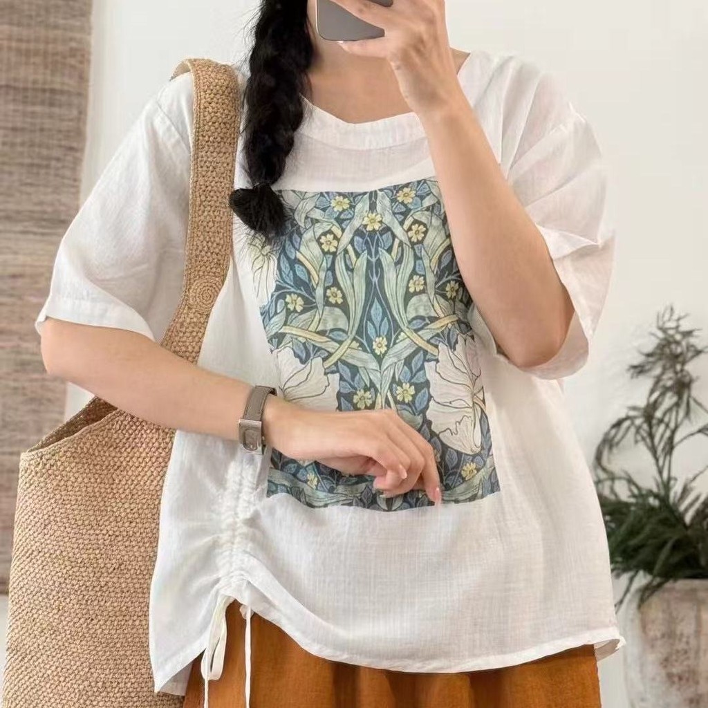 CP Retro สไตล์ชาติพันธุ์ผ้าฝ้ายพิมพ์น้ําหนักเบาแขนสั้นเสื้อยืดผู้หญิงฤดูร้อนสไตล์ใหม่รอบคอหลวมอายุลด