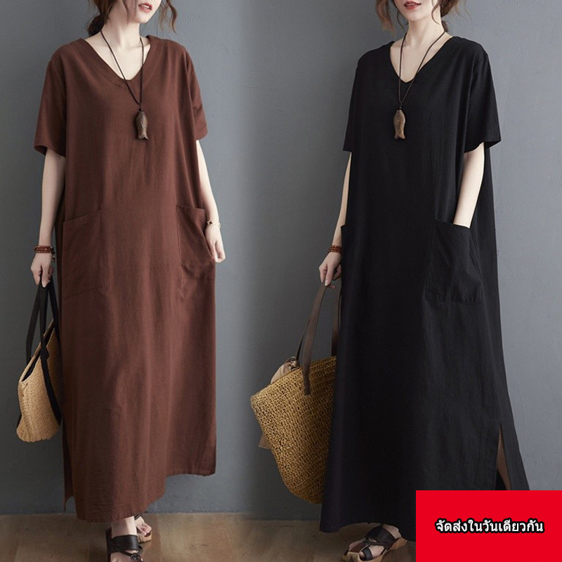 【จัดส่งในวันเดียวกัน】110kg สามารถสวมใส่ชุดขนาดใหญ่ v คอปกสีทึบชุดยาวพิเศษ