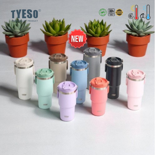 TYESO ใหม่ แก้วน้ำเก็บอุณหภูมิ 600ml-1200ml รุ่นหูหิ้ว 2 หัวดื่ม 9 สี แก้วสแตนเลส SUS304 พกพาง่าย ไม่รั่วซึม