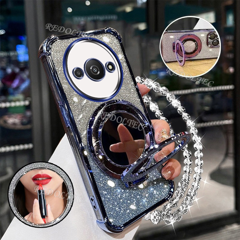 เคส Redmi A3 POCO C61 ใหม่Gradient Glitterปลอกพร้อมกระจกแต่งหน้าที่วางขาตั้งแม่เหล็กXiaomi RedmiA3 POCOC61 ตัวป้องกันเลนส์พร้อมวงเล็บเชือกเส้นเล็กฝาครอบโทรศัพท์กันกระแทก - รูปที่ 4