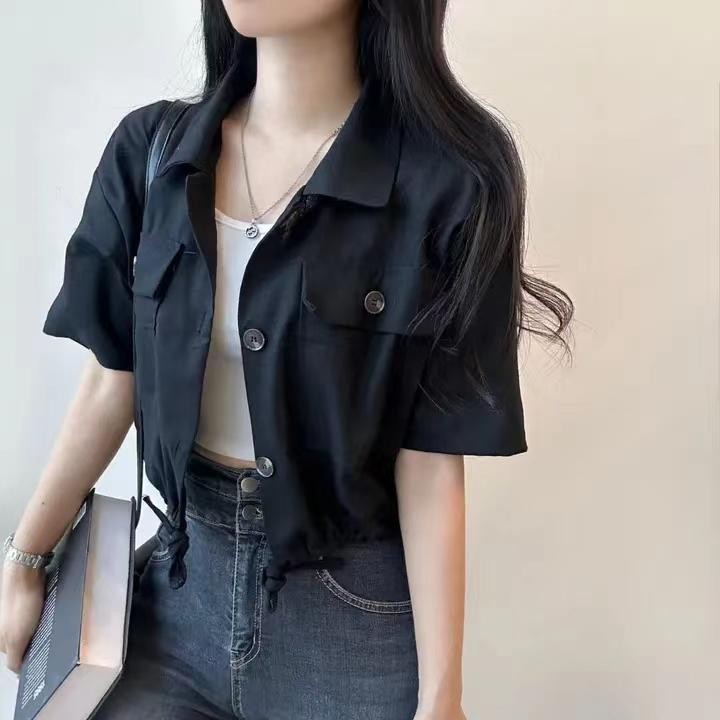 C&T#เสื้อครอปปกดีไซน์มีเชือกผูกเอวแขนสั้น เสื้อเชิ้ทำงานทรงหลวมสไตล์เกาหลีย้อนยุคแฟชั่นลำลอง สำหรับผู้หญิง#W596 - รูปที่ 5