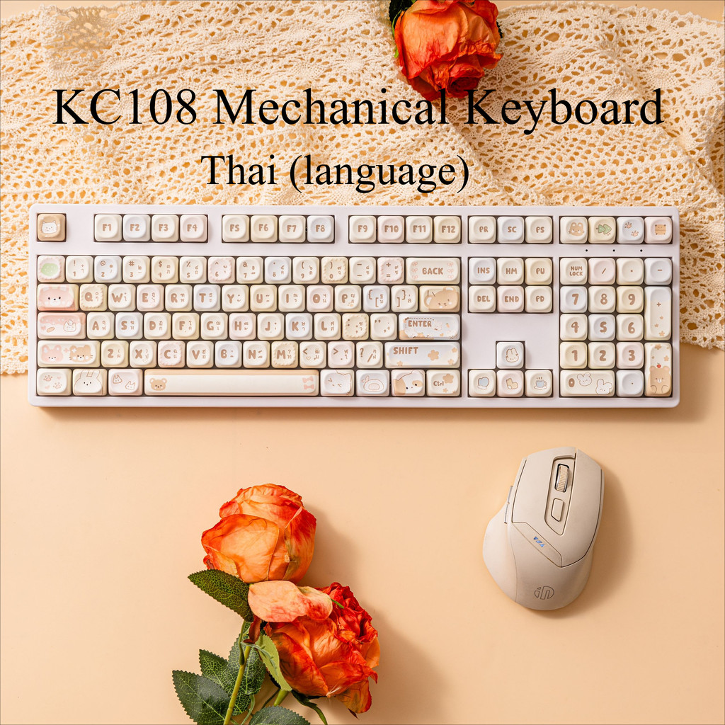 Mathew KC108 เค้าโครงภาษาไทยคีย์บอร์ดแบบกลไก - ไร้สาย 3 โหมด/USB เงียบ Hot-Swappable 108Keys Fullsize พร้อมฝาครอบแม่เหล็กสําหรับสํานักงานเกม
