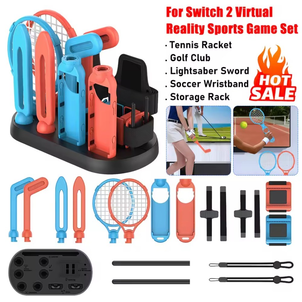 19 in 1 All In One Switch 2 อุปกรณ์กีฬา Bundle สําหรับ Nintendo Switch 2 เกมชุดกอล์ฟคลับ Lightsaber ดาบสายรัดข้อมือไม้เทนนิสสายรัดข้อมือพร้อมขาตั้งสําหรับ NS2