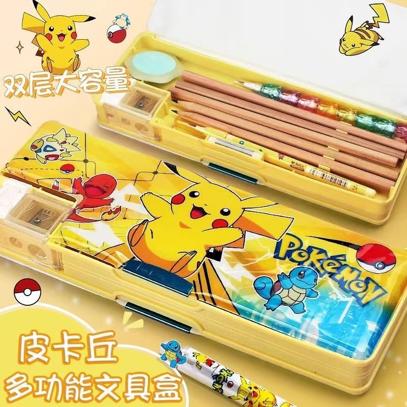 Pokemon Pikachu กล่องเครื่องเขียนการ์ตูนเด็กมัลติฟังก์ชั่นกล่องเครื่องเขียนสองด้านความจุขนาดใหญ่กล่องดินสอการ์ตูน