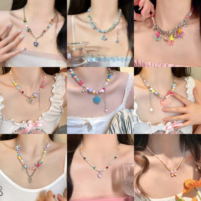 สร้อยคอ Y2K ลูกปัดสีจี้หัวใจ สร้อยลูกปัดสีโดปามีน สำหรับผู้หญิง ดีไซน์เกาหลี ใส่ฤดูร้อน