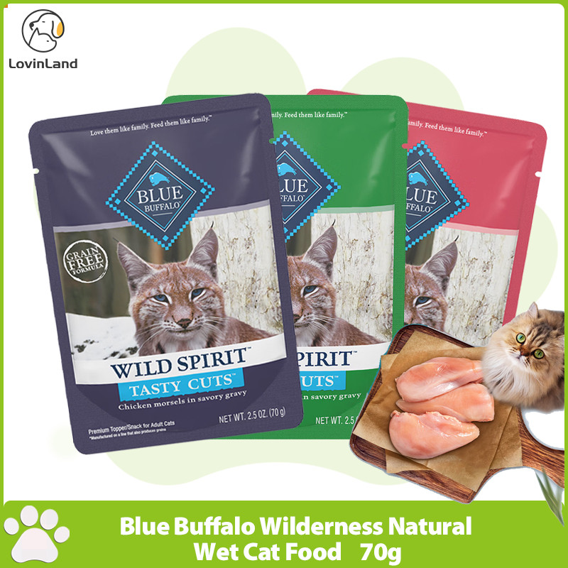 Blue Buffalo Wilde Spirit Cat อาหารเปียก ขนมแมว High-Protein Grain-Free Simplify ส่วนผสม Hydrate และอาหารเสริมโปรตีนไก่ทูน่าปลาแซลมอน 70g