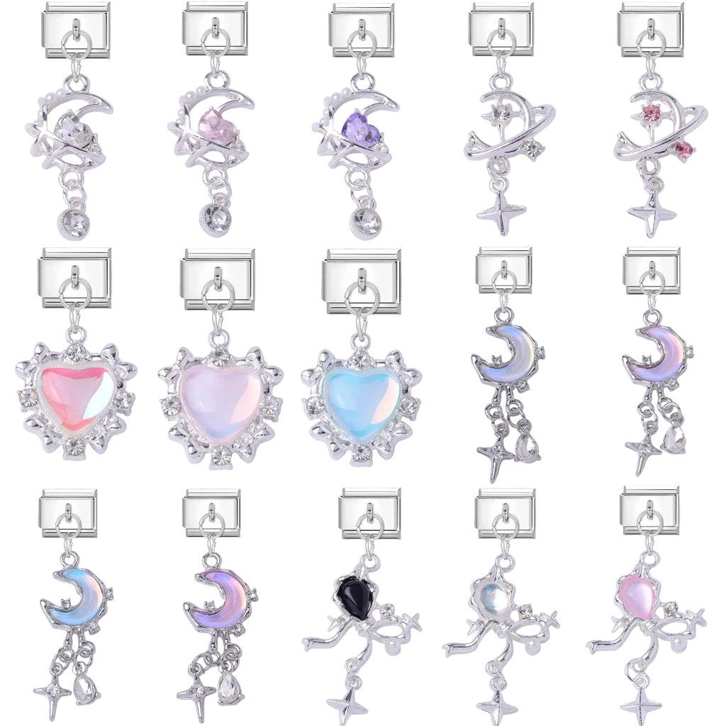 สร้อยข้อมือcharmสแตนเลสมีลายอิตาเลียน สีชมพูกับส้มม่วง ออกแบบเป็นรูปหัวใจ ดวงจันทร์ และบอลลูน fit 9 มม.