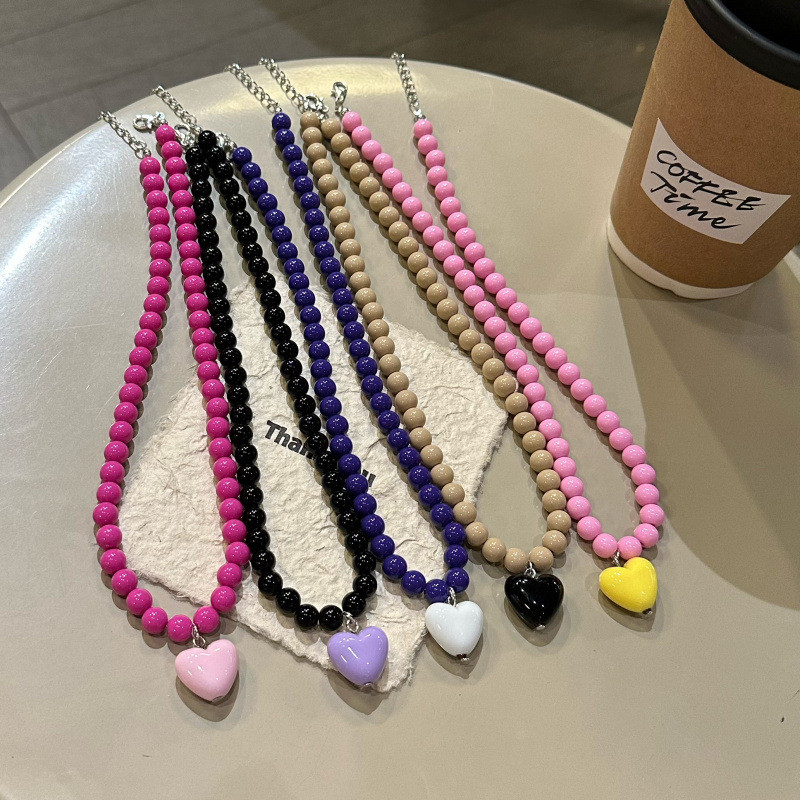 สร้อยคอหัวใจ เครื่องประดับลูกปัดทำมือ สีลูกกวาด สไตล์ย้อนยุค สร้อยคอรูปหัวใจอะคริลิก  สาวฮอต Y2K โซ่ไหปลาร้า