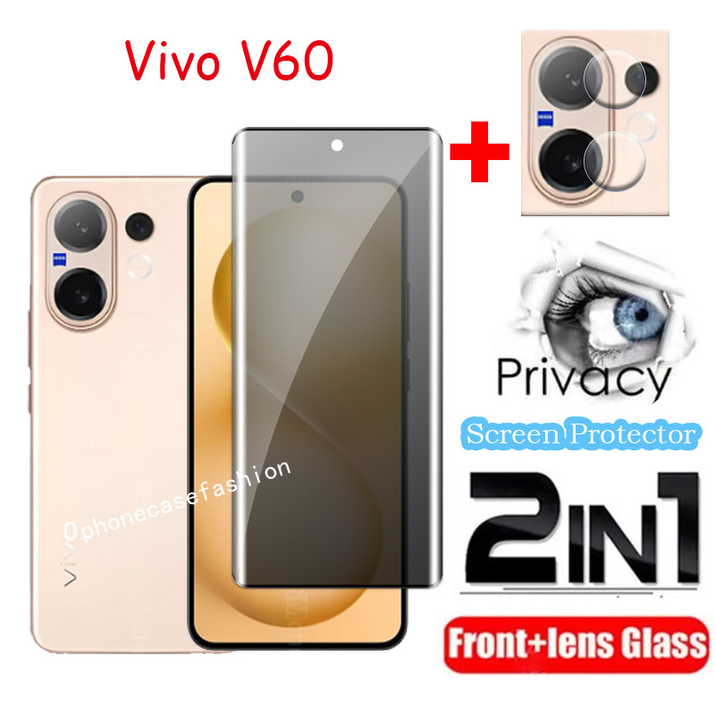 2in1 กระจกนิรภัยสําหรับ Vivo V60 V50 V50E 4G 5G 2025 ความเป็นส่วนตัว Full โค้งหน้าจอด้านหน้าป้องกันฟิล์มกล้องกลับเลนส์