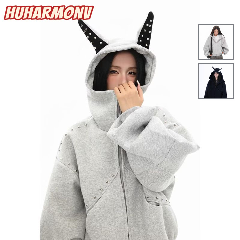 Ocshean เสื้อฮู้ด unisex ทันสมัย มาพร้อมแตรปีศาจและกระดุม เหมาะสำหรับชุดลำลอง