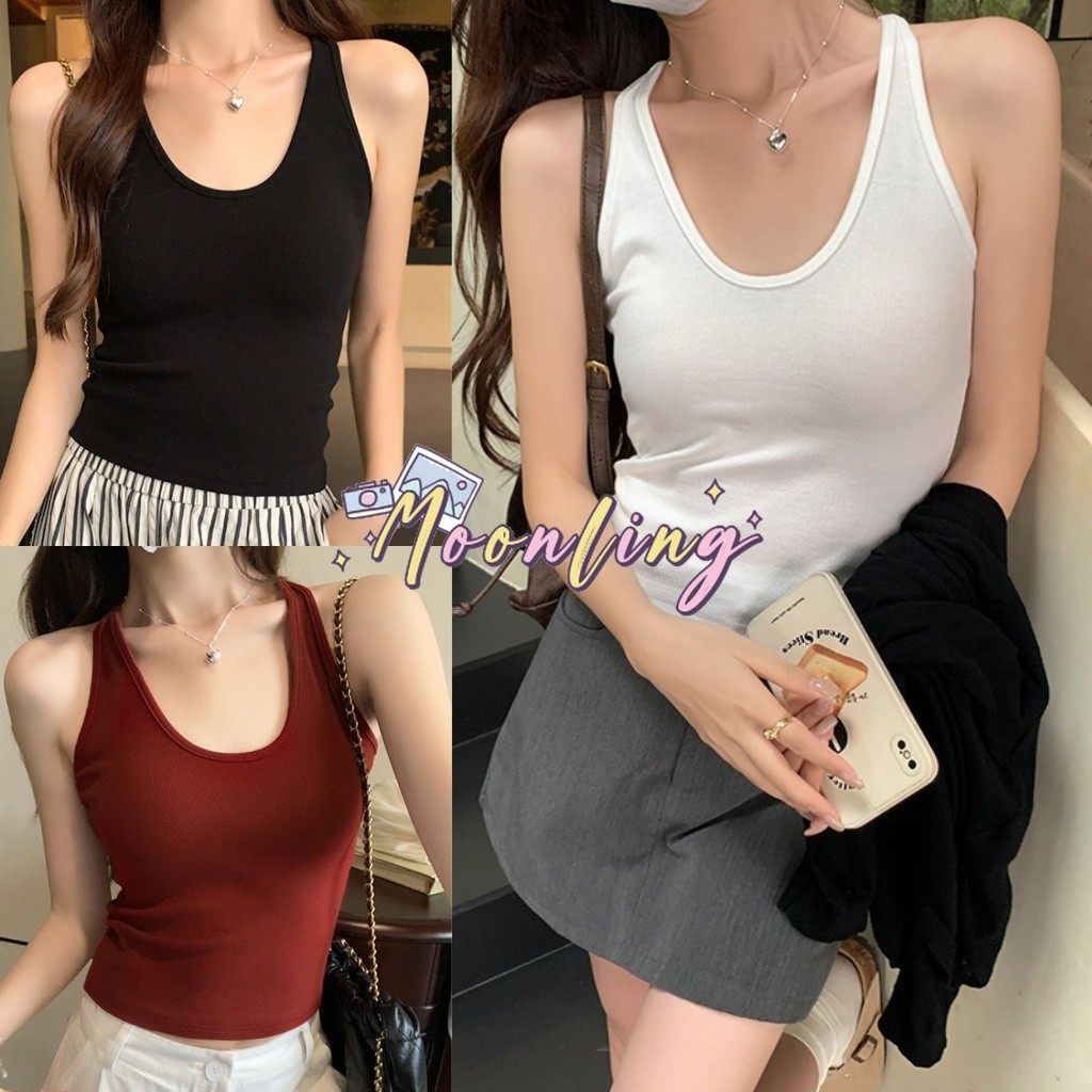 🌜Moonling🌛 พร้อมส่งจากไทย  เสื้อกล้าม มีฟองน้ำ ผ้าร่องเล็กฟิลคาวาอี้ สีพื้นยืดกำลังดี *FY298*