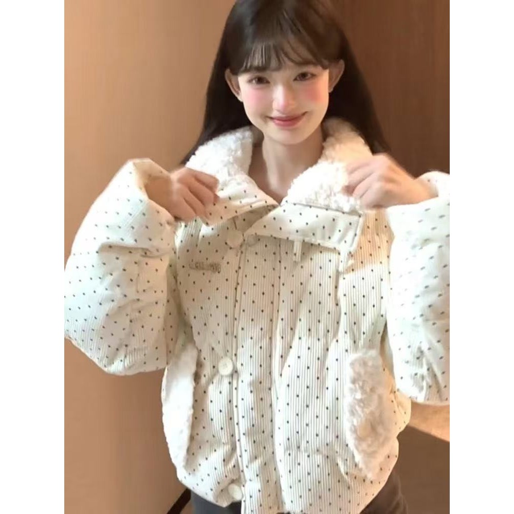 แจ็คเก็ตสไตล์เกาหลีลายจุด ทำจากผ้าฝ้ายพร้อมปกขนสัตว์ เหมาะสำหรับฤดูหนาว