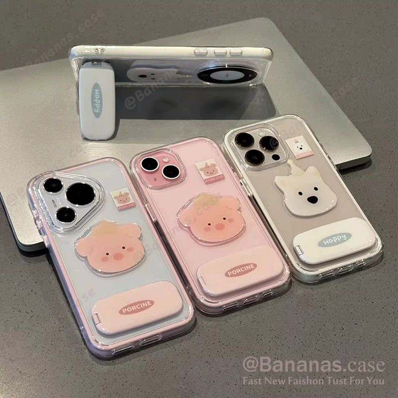 เข้ากันได้กับ iPhone 17 16 15 14 13 12 11 Pro Max เคสโทรศัพท์ 3D DIY หมูสีชมพูน่ารัก + ขาตั้ง Mioor ฝาหลังแบบนุ่ม
