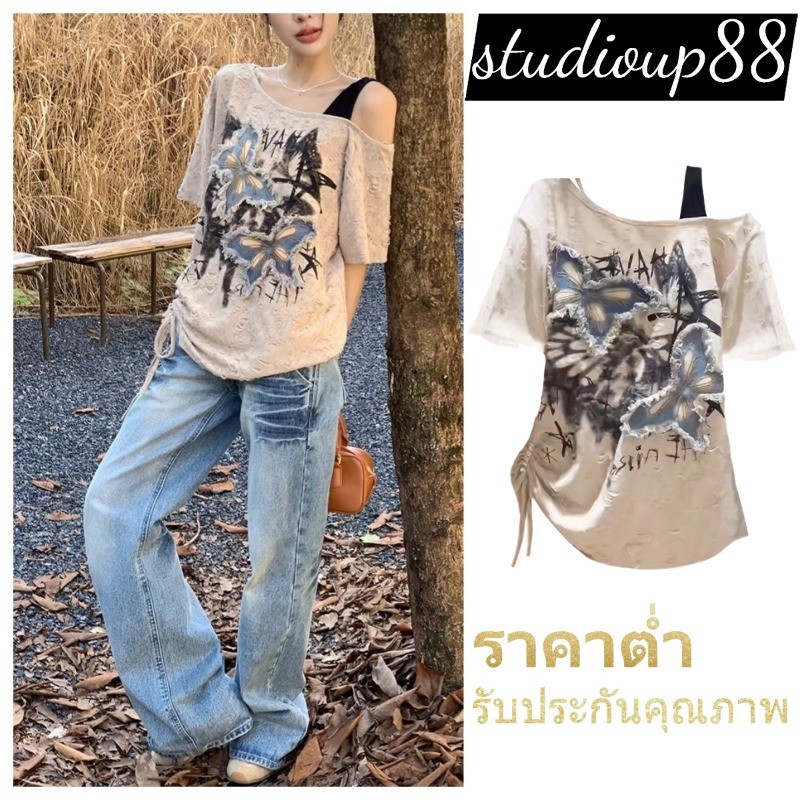 (ส่งจากไทย)ผู้หญิง เสื้อขาด ผ้าฝ้าย เสื้อท่อนบน เสื้อเปิดไหล่ ผีเสื้อ พิมพ์ลาย ปักลาย เสื้อยืด สไตล์เกาหลี