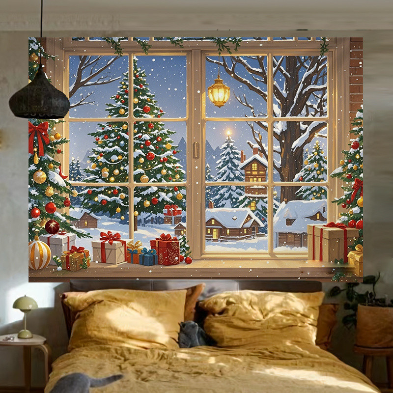คริสต์มาสทิวทัศน์หิมะหน้าต่างพื้นหลังผ้าบรรยากาศวันหยุดแต่งตัวพรมห้องห้องนั่งเล่นผนังปกน่าเกลียดผ้าสดผ้าใบ - รูปที่ 2
